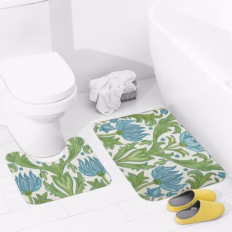 Set van 2 badkamermatten en toiletmat van zachte microvezel in blauw groen patroon