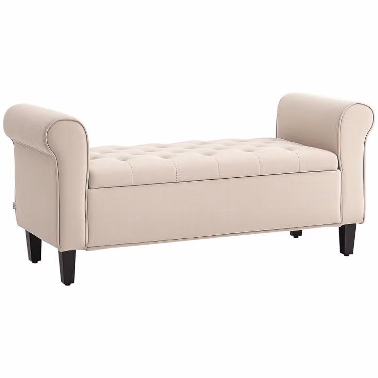 HOMCOM Hocker beige fluwelen opbergbank met verborgen opbergruimte en rubberhouten poten, B/D/H: 126 x 48 x 57 cm