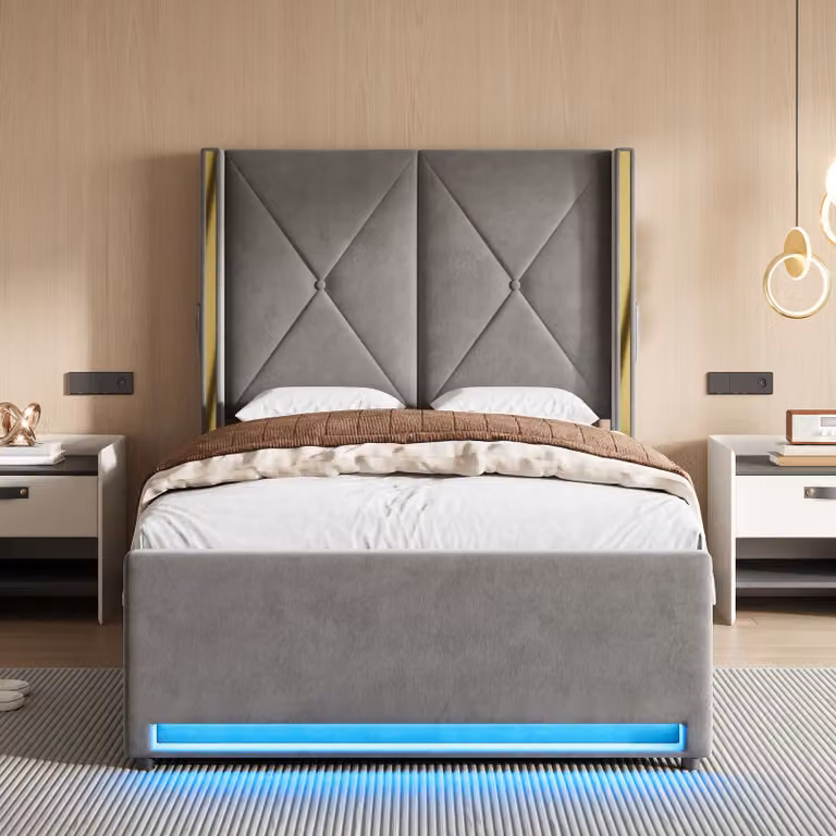 GOMYWAY Home Upholstered Bed met USB-oplaadpoort, Nachtkastje en Onderbedverlichting, 90x200 cm
