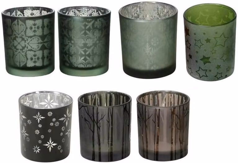 Glas Windlicht Theelichthouder Decoratie Zwart met Natuurlijke Groene Tinten - 7 x 8 cm