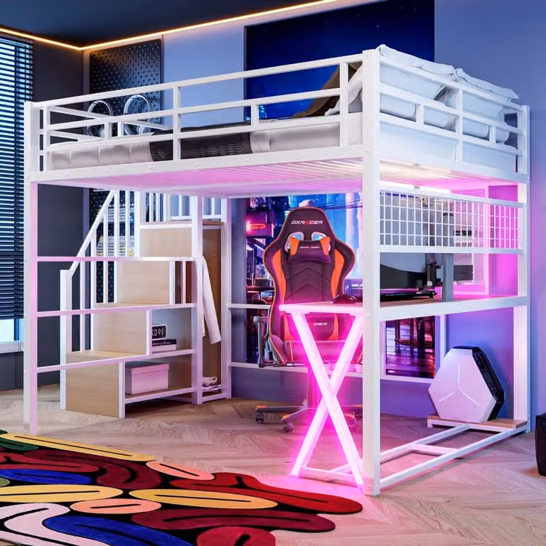 Pugsdrly Hoogslaper met bureau, kledingkast, planken en led-verlichting, Wit, B/D: 160 x 200 cm