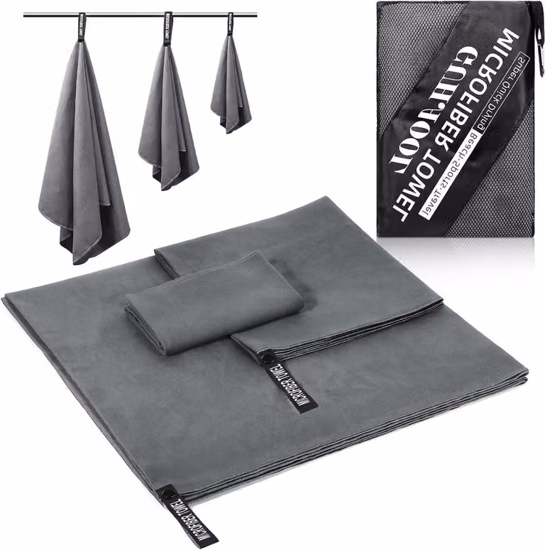 Set van 3 donkergrijze microvezel reishanddoeken voor sport en reizen, 180 x 80 cm
