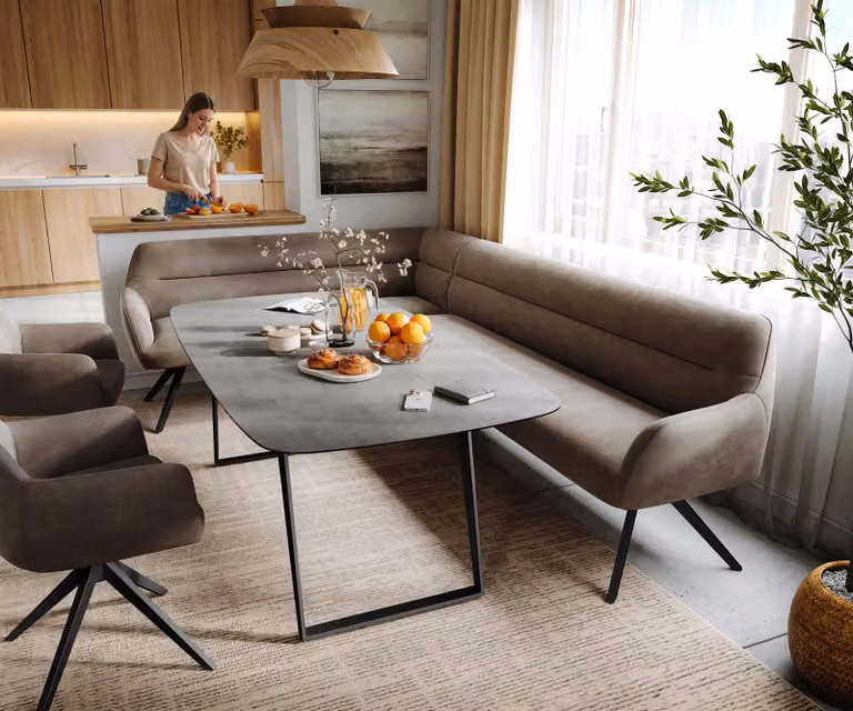 DELIFE Eetkamerbank Taya-Flex L-vormig, Beige/Zwart, Microvezel, B/D/H: 282 x 106,5 x 87 cm