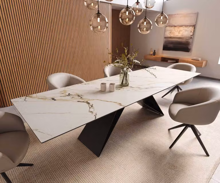 DELIFE Eetkamertafel Edge Keramiek Calacatta Luxe wit-goud-grijs met zwart X-frame B/D/H: 300 x 100 x 76 cm