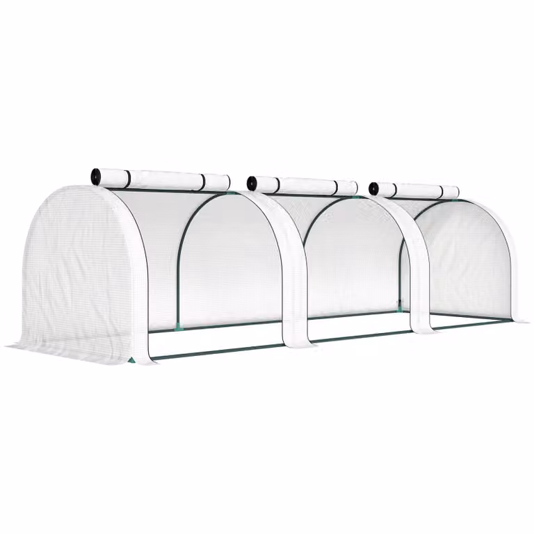 Outsunny Tunnelvormige kas met 3 ramen met ritssluiting en stalen frame, Wit, B/D/H: 295 x 100 x 80 cm