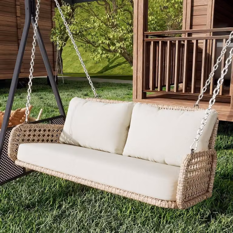 Hangschommel met dubbele zitting in beige met hol weefpatroon voor op je balkon of in de tuin