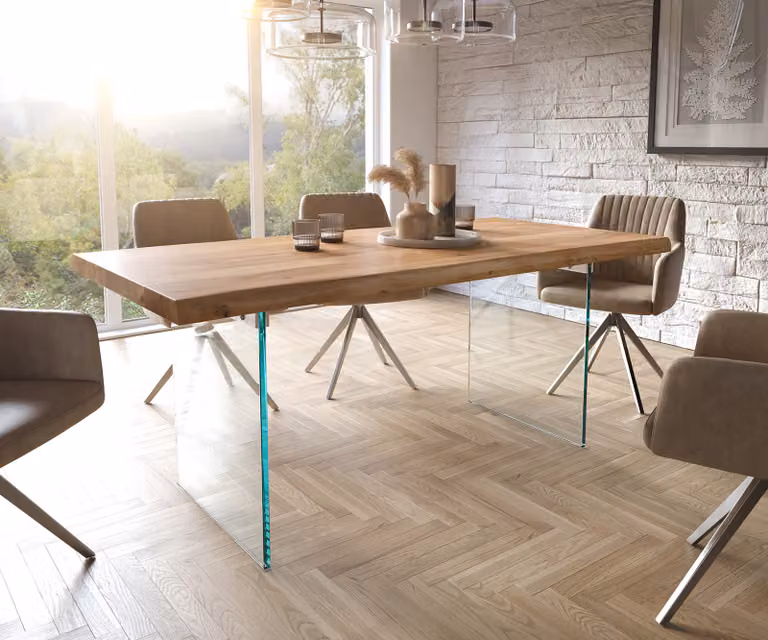 DELIFE Eettafel Edge met Acacia Hout en Glas, Live-Edge, Bruin/Transparant, B: 180 cm, D: 90 cm, H: 76,5 cm