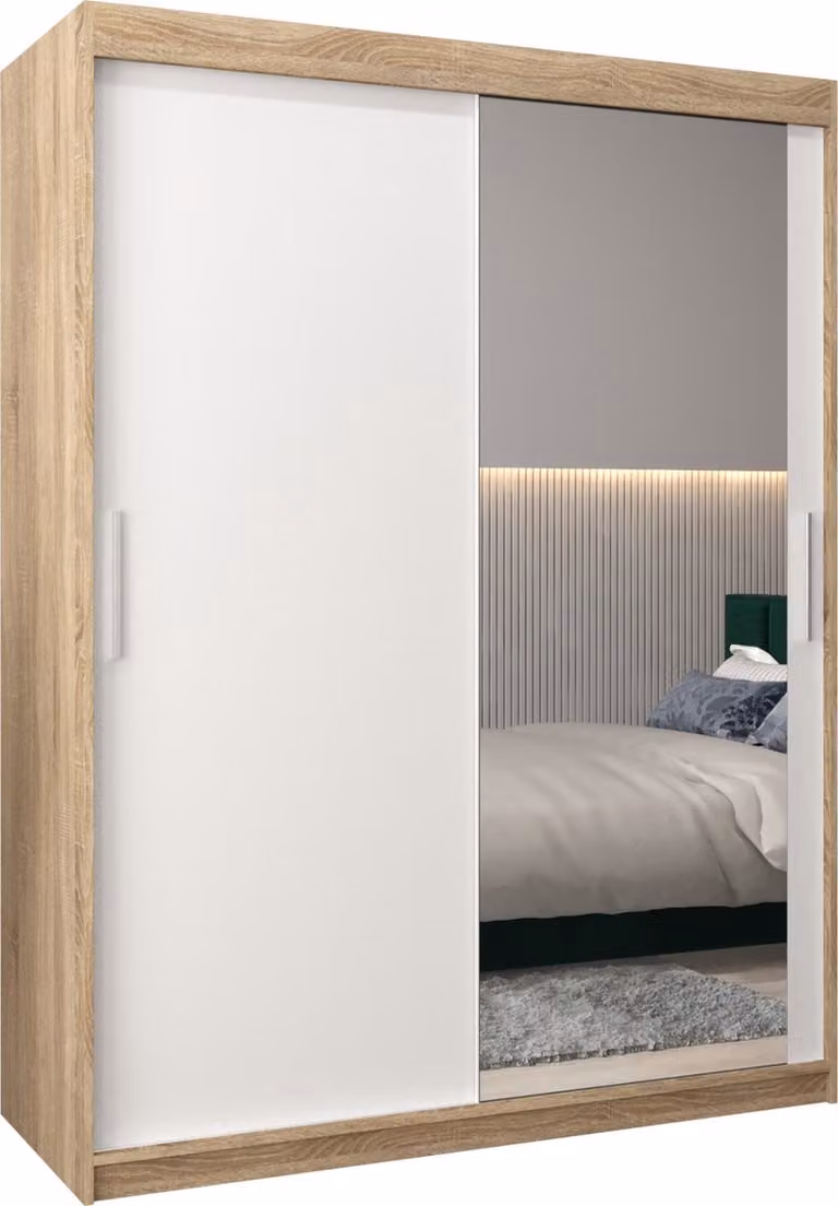 InspireMe TORM II Kledingkast met 2 schuifdeuren en 2 lades, Sonoma Eik en Wit Mat, B/D/H: 150 x 62 x 200 cm