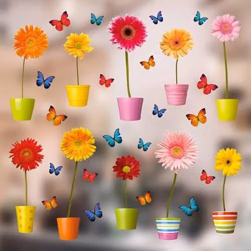 Stickers4 Decoratieve Raamstickers met Gerbera-bloemen in Potten en 20 Vlinders