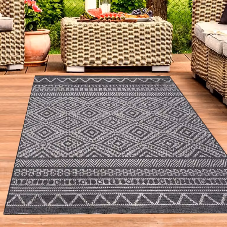 Carpetia Binnen- en buitentapijt met modern geometrisch etnisch design in antraciet en crème, Breedte: 280 cm, Diepte: 200 cm