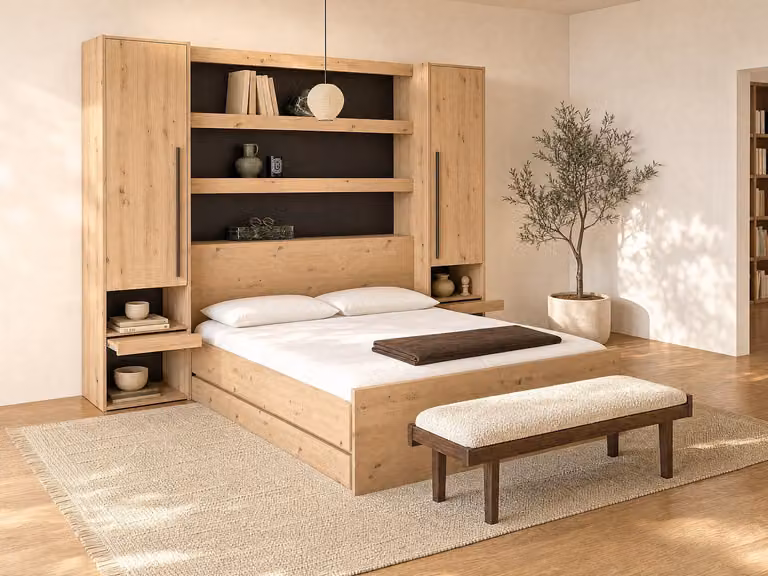 LUDARO Bed met opbergruimte en brug, houteffect en zwart, 140 x 190 cm