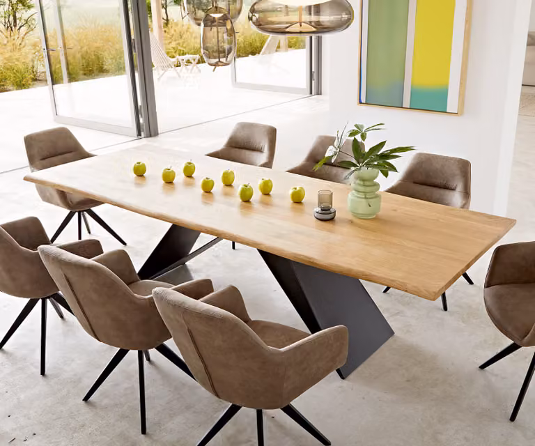 DELIFE Eettafel Edge Live-Edge Eiken Natuur met Zwart V-frame Staal B/D/H: 260 x 100 x 2,5-3 cm