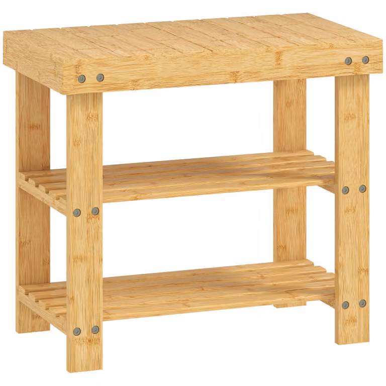 HOMCOM Schoenenbank van Bamboe met Zitvlak en 2 Planken, Naturel, B/D/H: 50 x 28 x 45 cm