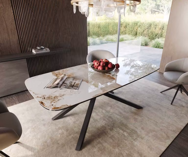 DELIFE Eetkamertafel Edge Boot, Keramiek, Wit-Beige, B/D/H: 200 x 100 x 76 cm, Modern met Zwart X-frame