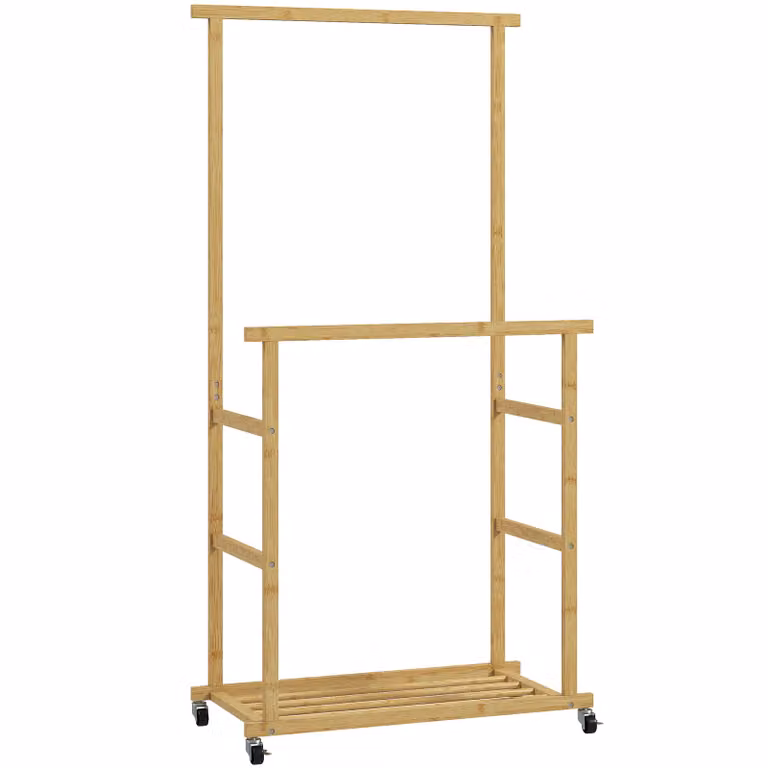 HOMCOM Kledingrek op wielen met kledingstang en schoenenplaat, bamboe, B/D/H: 80 x 40 x 160 cm, natuur
