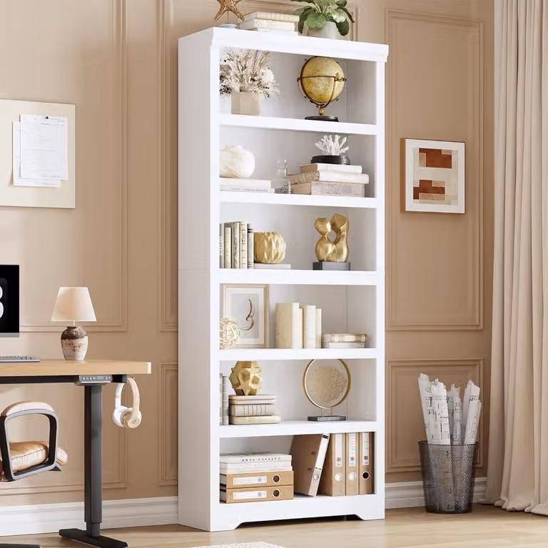 Vintage Boekenkast met 6 Lagen en Verstelbare Planken - Wit - B/D/H: 80 x 29,5 x 190 cm