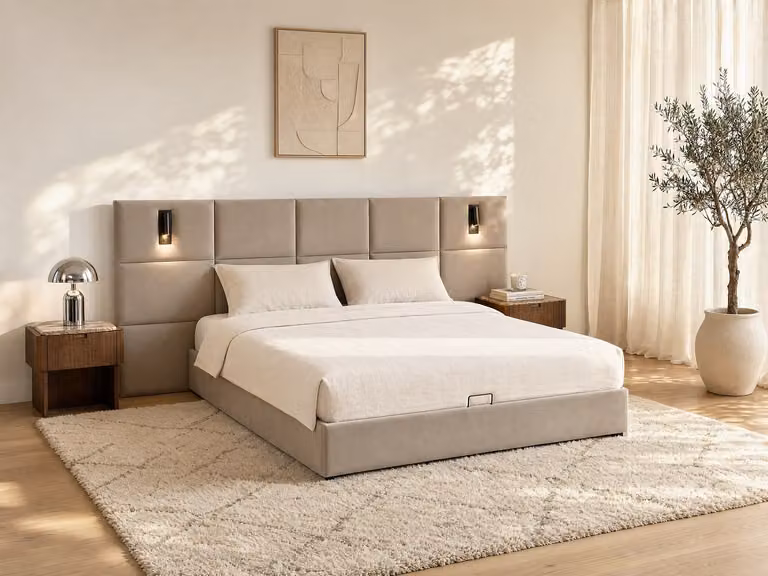 SARETO Bed met opbergruimte en ingebouwde verlichting - Velours - Taupegrijs - B/D/H: 180 x 200 x 268 cm