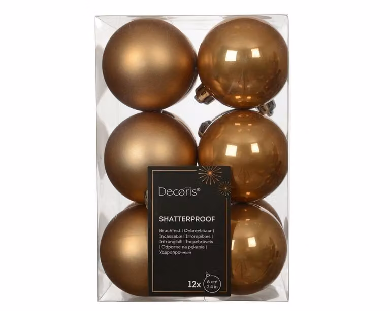 Decoris 12 onbreekbare kerstballen karamel bruin, diameter 6 cm