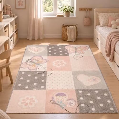 Pergamon Vloerkleed Maui voor kinderen - Ruitjespatroon met harten - Roze - Polypropyleen