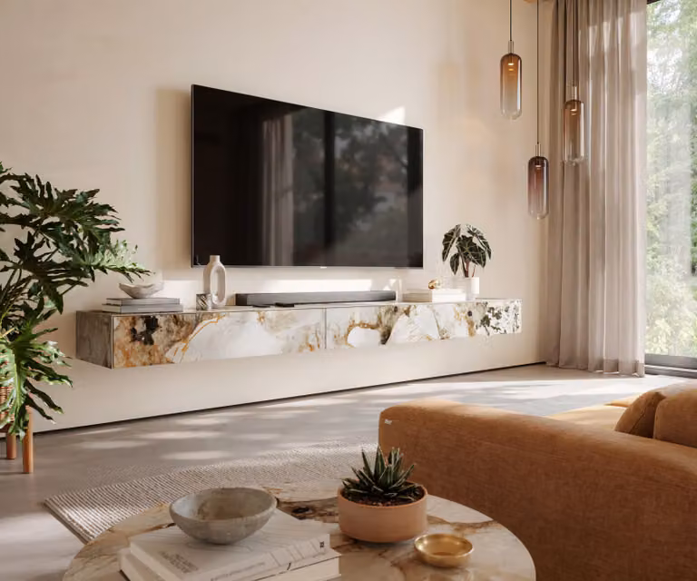 Zwevend tv-meubel Cuor 250 cm met gepolijst keramiek Patagonia, 1 flap en 1 lade met soft-close
