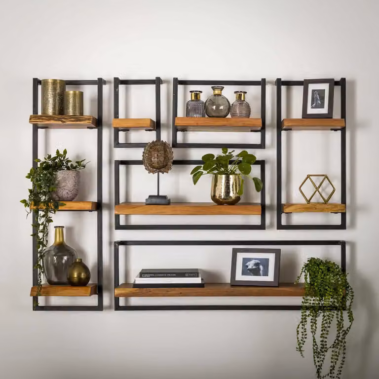 WoonStijl Set Wandplanken Industrieel Acaciahout en Metaal - Bruin/Zwart - B/D/H: 135 x 25 x 5 cm