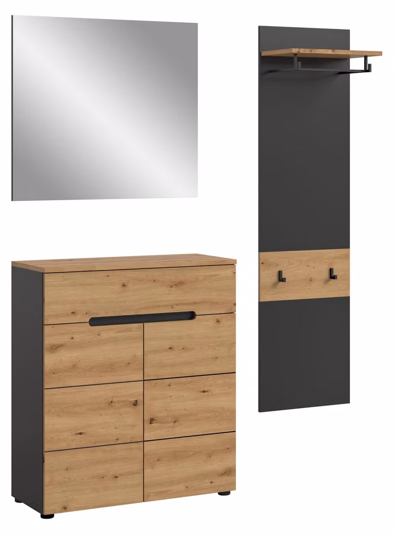 home24 Canu 3-delige halmeubelset in Artisan eikenhout en grijs met spiegel en paneel, Breedte: 140 cm, Hoogte: 190 cm, Diepte: 37 cm