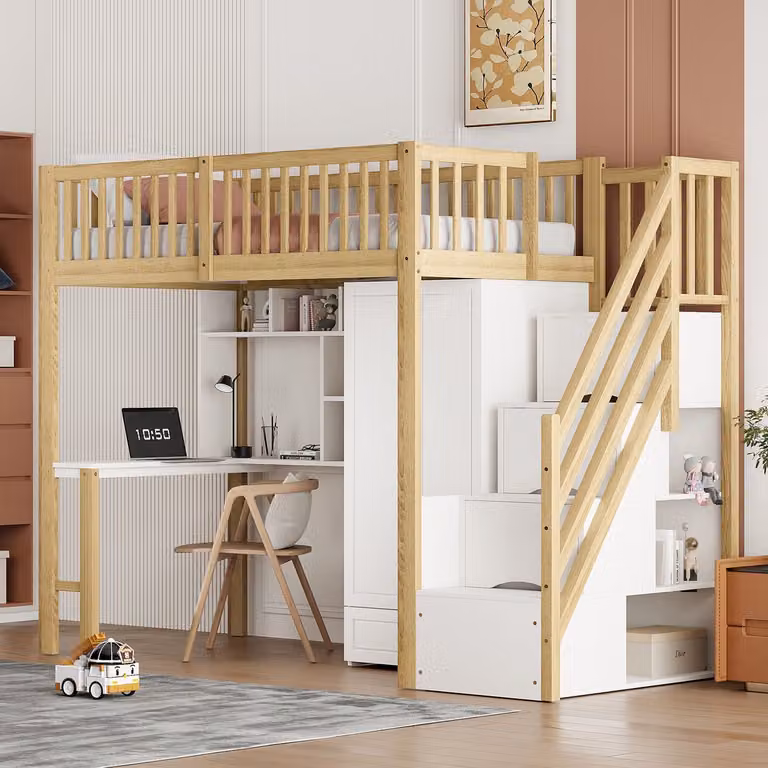 MODFU Hoogslaper 90x200 cm van massief hout en MDF – naturel/wit – met kledingkast, bureau, opbergtrap en planken