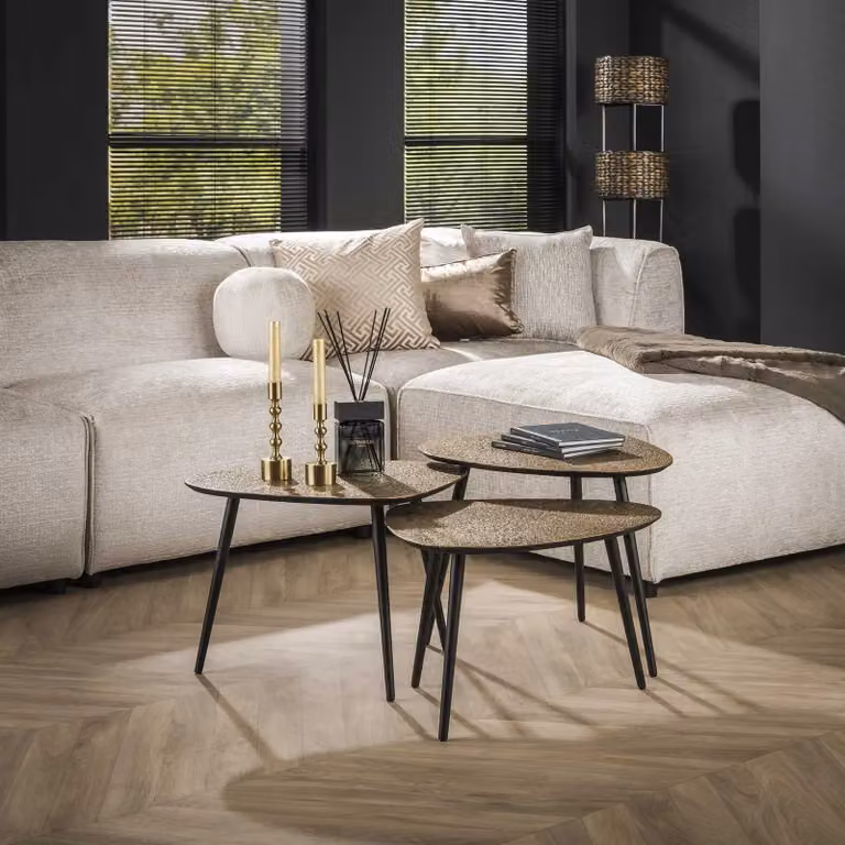 WoonStijl Salontafel set van 3, driehoekig, goud, antiek messing finish