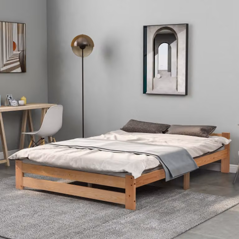 Massief houten futonbed van grenenhout met hoofdbord en lattenbodem, beige/bruin, B/D/H: 140 x 200 x 147 cm