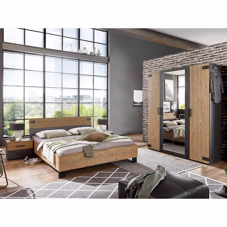home24 Slaapkamerset 4-delig in bruin, grijs en edelspar-houtlook met bedframe en nachtkastjes, 140 x 200 cm