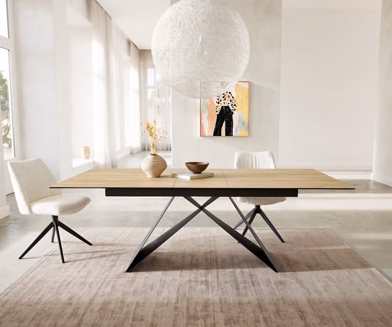 DELIFE Eetkamertafel Edge uitschuifbaar, Keramiek Sabbia eiken kleur en Zwart staal, B/D/H: 180-220 x 100 x 79 cm