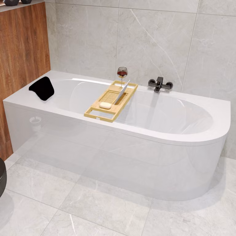 Badland Avita 5-in-1 Hoekbad Set - Zwart - B/D: 150 x 75 cm - Inclusief Acryl Spatwand, Bamboe Plank en Hoofdkussen