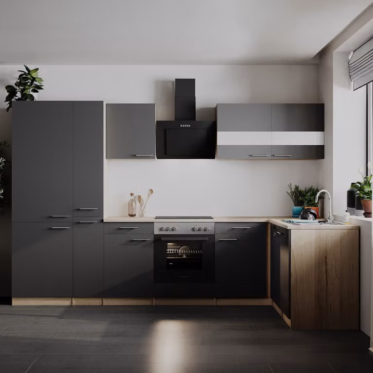 home24 Hoekkeuken Merle combi grijs/grijs met elektrische apparatuur, Breedte: 310 cm