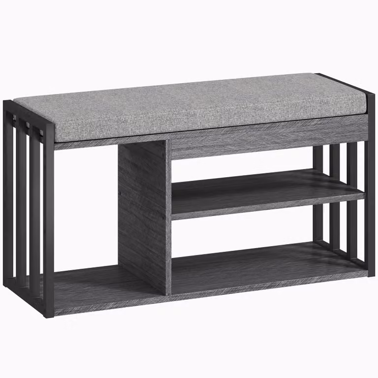 HOMCOM schoenenbank met drievoudige open opbergruimte en gewatteerd zitkussen, grijs, B: 86 cm, D: 30 cm, H: 45,4 cm