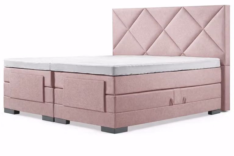 Elektrische Boxspring inclusief ruitvormig hoofdbord en plint - Oudroze - B/D/H: 140 x 190 cm