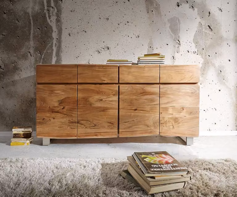 DELIFE Dressoir Live-Edge Acacia Natuur met 4 Deuren en 4 Laden, Bruin/Zilver, Breedte: 172 cm
