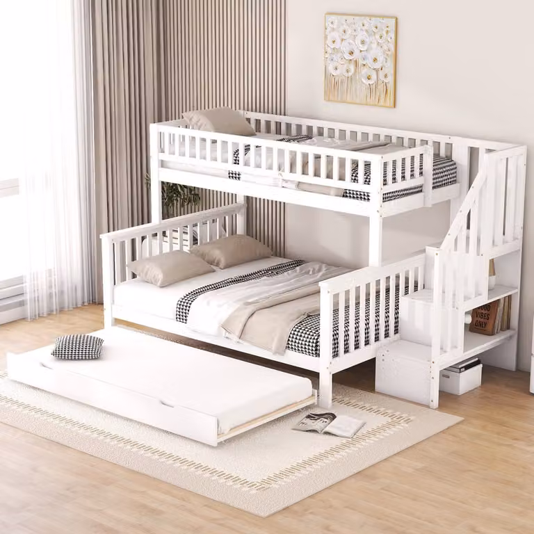 STILVORA Stapelbed met uitschuifbed, opbergtrap en opbergvakken, inclusief lattenbodems, Wit, B/D/H: 90 x 200 cm en 140 x 200 cm