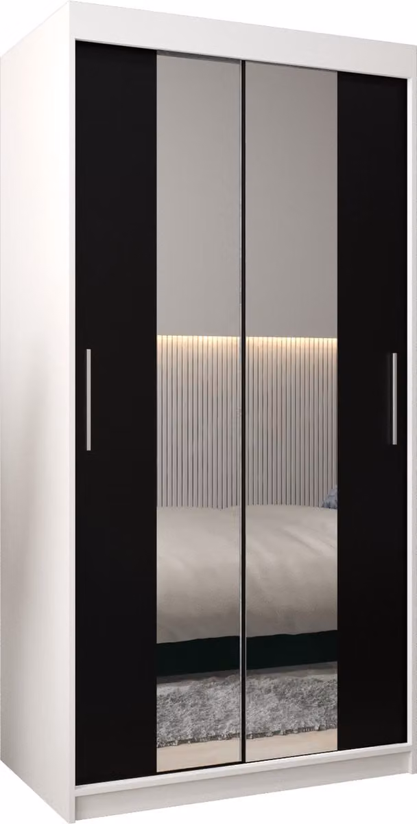 InspireMe TORM I 100 Kledingkast met 2 schuifdeuren en 2 lades, Wit Mat + Zwart, B: 100 cm, H: 200 cm, D: 62 cm