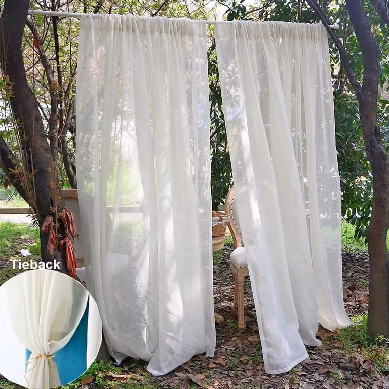 Set van 2 beige linnenlook gordijnen, semi-transparant, B: 130 cm, H: 200 cm