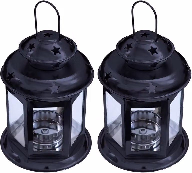 Set van 2 Glazen Kaarslantaarns in Zwart met Europees Antiek Design voor Tealights, Votives of Kaarsen