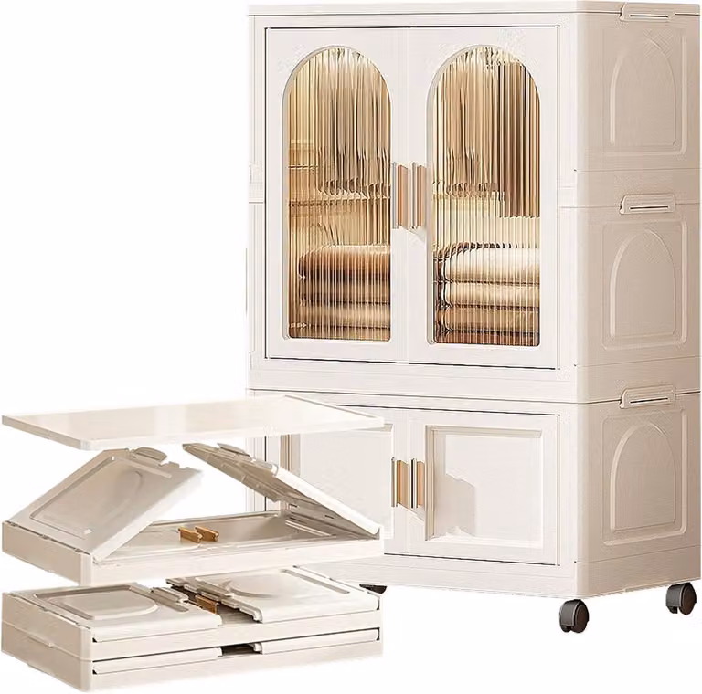 Draagbare opvouwbare kledingkast met magnetische deuren in wit - B/D/H: 65 x 39 x 110 cm