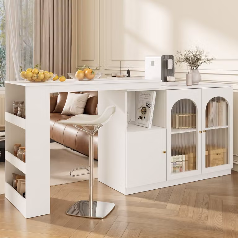 Wishdor Bartafel met Kast - 360 Graden Draaibaar - Boogdeuren met Ribbelglas - Ruimtebesparend Keukeneiland - Wit - B/D/H: 120 x 40 x 97 cm