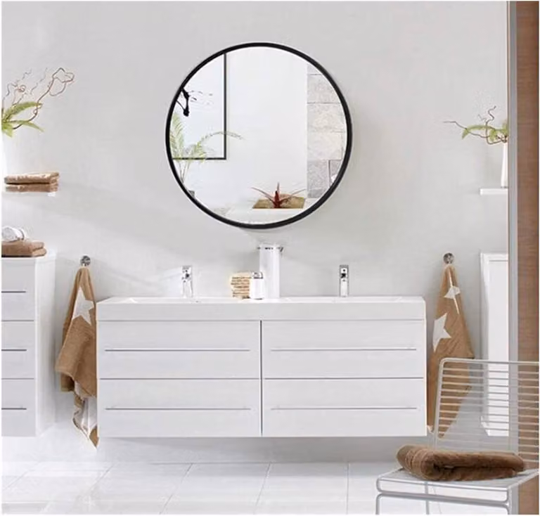Ronde wandspiegel voor badkamer en make-up met zwart metalen frame, B/D/H: 40 x 40 cm