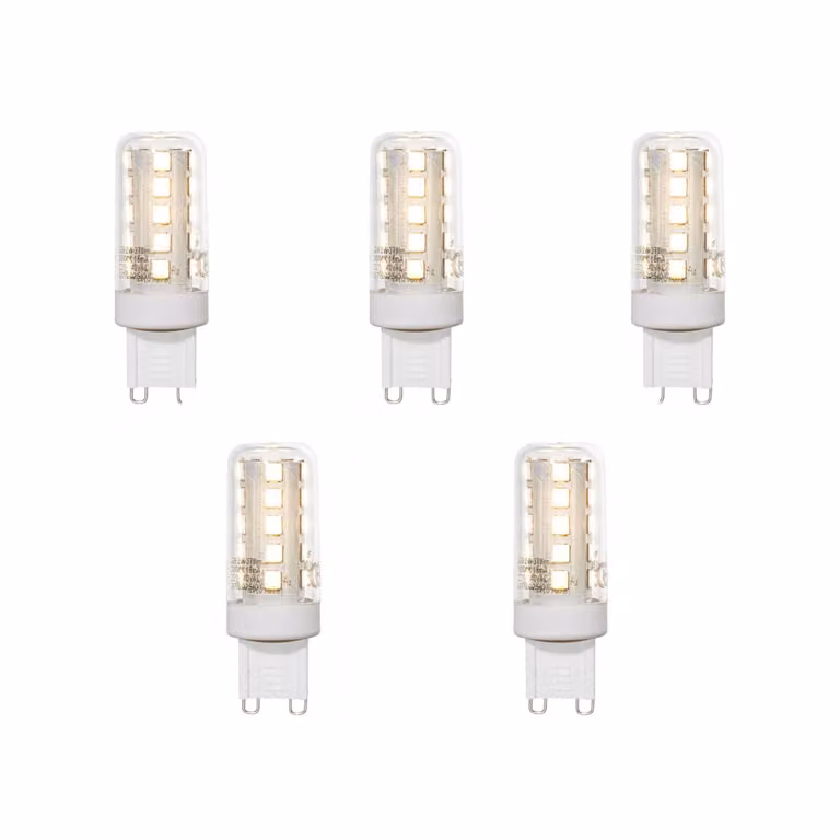 Set van 5 LUEDD G9 LED lampen, 2W, 370 lm, 3000K warm wit, transparant glas, dimbaar