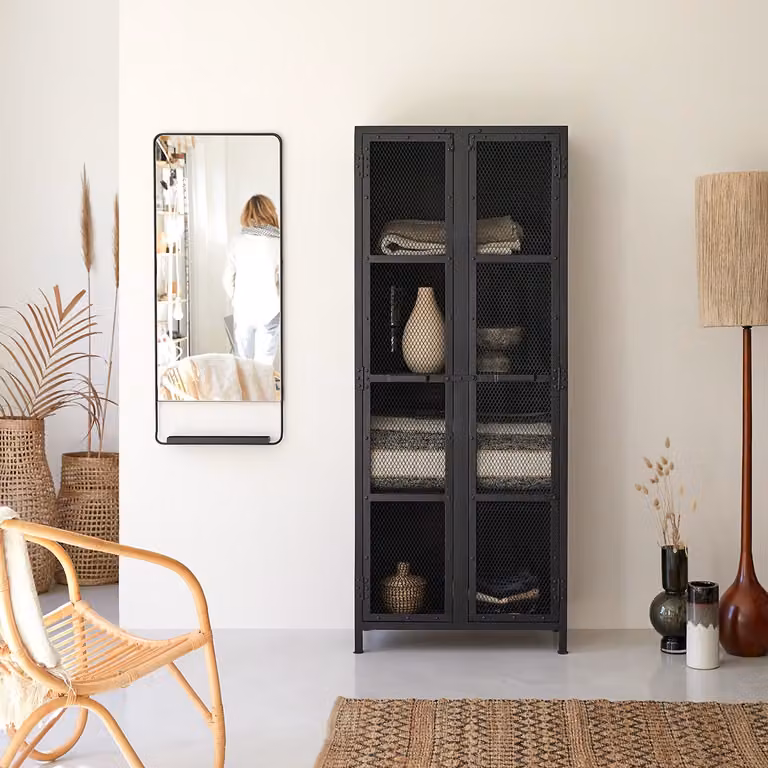 Tikamoon Industrial Kast met Glazen Deuren en Metalen Frame - Zwart - B/D/H: 70 x 35 x 175 cm