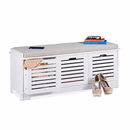 Relaxdays Scandinavisch halbankje met schoenenrek in wit en grijs, H 44 x B 105 x D 35 cm