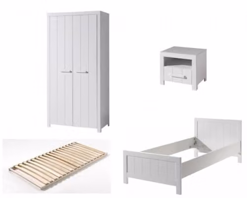 Vipack Erik slaapkamerset met eenpersoonsbed, lattenbodem, nachtkastje en 2-deurs kast, B/D/H: 90 x 200 cm