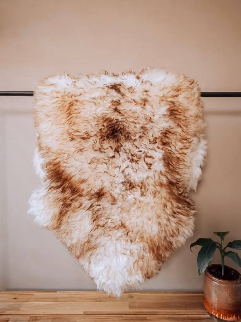 Schapenvacht Moeflon Bruin Wit Mix Maat M (100 cm)