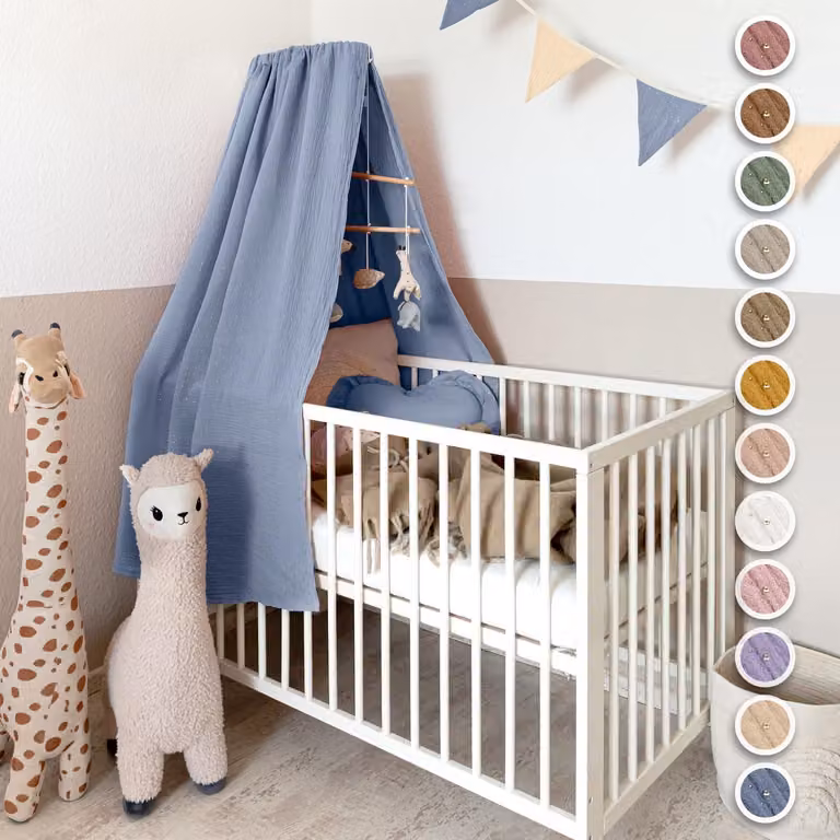 Lilimaus Klamboe voor babybed met gouden details, blauw, 140 cm, mousseline katoen