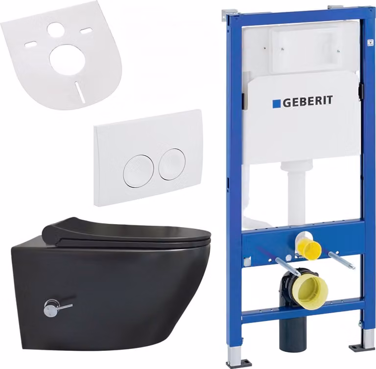 Belvit Wandclosetset zwart mat met taharet-bidet en soft-close sluiting, geschikt voor Geberit UP100